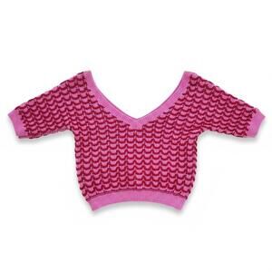 Zara Pink & Red Wave-Knit Textured Top | Modern Trendy Knit | Size L